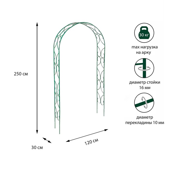 Арка садовая, разборная, 250 ? 120 ? 30 см, металл, зелёная, «Узор-2» 3538835