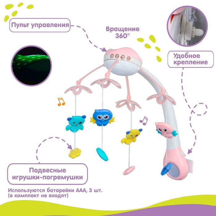 Мобиль музыкальный на кроватку «Нежные птички», с ночником + пульт, цвет МИКС 4077493