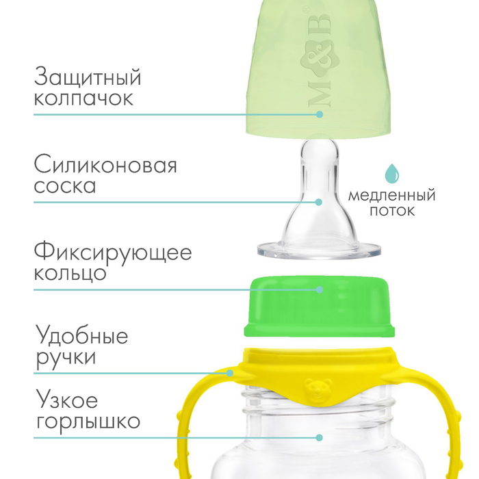 Бутылочка для кормления, классическое горло, приталенная, с ручками, 150 мл., от 0 мес., цвет жёлтый 2969765