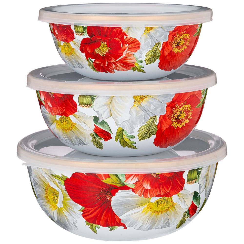 набор мисок эмалирован. с пластик.крышками, серия маки 6пр. 14/16/18см, 0,6/0,9/1,3л 950-467