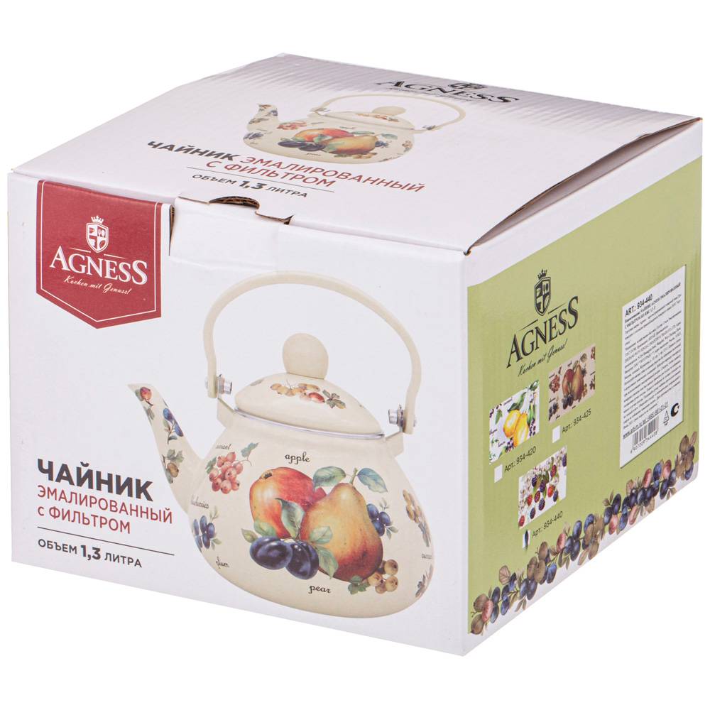 чайник agness эмалированны со съемным фильтром из нжс, серия фрукты 1,3 л 934-425