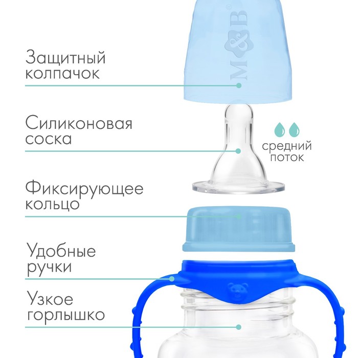 Бутылочка для кормления, классическое горло, с ручками, 250 мл., от 3 мес., цвет синий 2969722