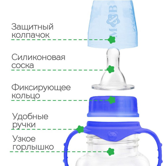 Бутылочка для кормления «Малыш», классическое горло, с ручками, 250 мл, от 0 мес., цвет синий 2969820