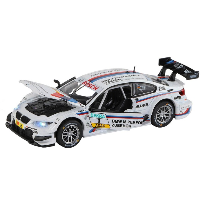 Машина металлическая BMW M3 DTM 1:32, инерция, световые и звуковые эффекты, открываются двери, цвет белый 5488667