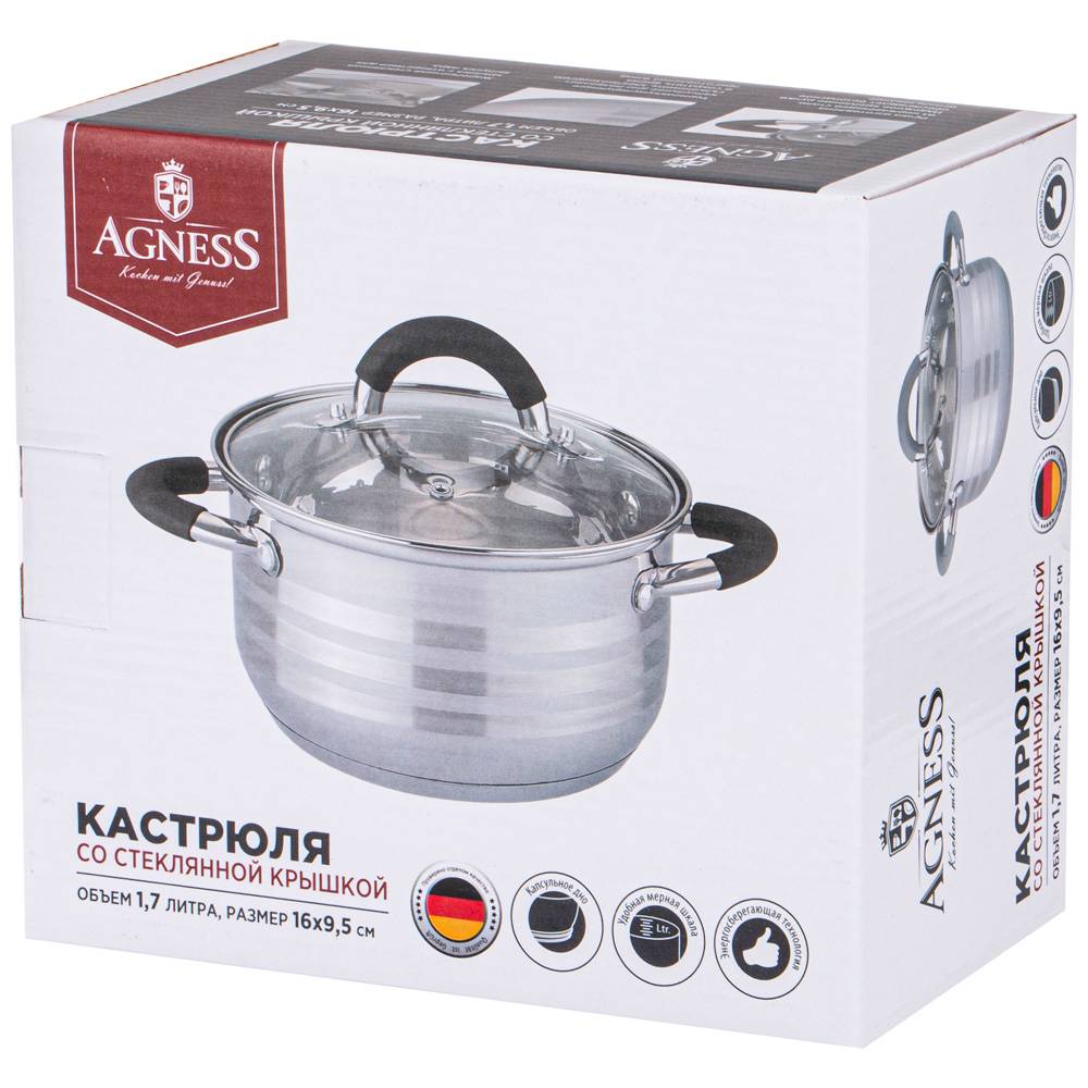кастрюля agness со стекл. крышкой серия classic 1,7 л. 16х9,5 см 937-420
