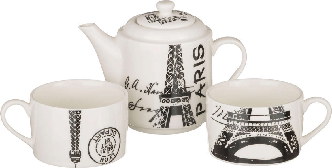 чайный набор на 2 персоны 3 пр. paris 450/200 мл 495-1001 Набор чашек эйфелева  башня париж с чайником цвет белый объемом 200 мл материал фарфор производства китай общий вес 0,75 кг всего в наборе 2.0000 предметов, купить с доставкой по низкой цене за 1037 руб.