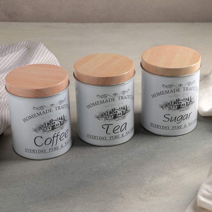 Банки жестяные для хранения сыпучих продуктов Sugar Coffee Tea, 1,2 л, 10,5x14 см, 3 шт, цвет серый 4577793