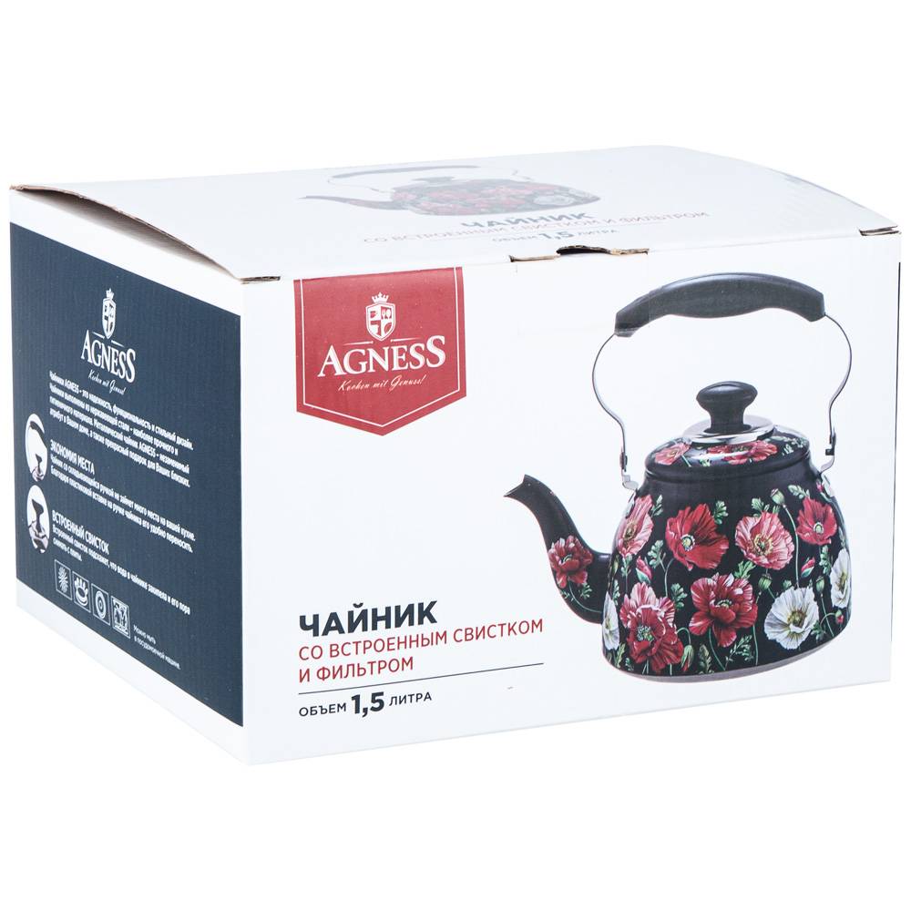 чайник agness маки со встроенным свистком и фильтром 1500 мл 916-408