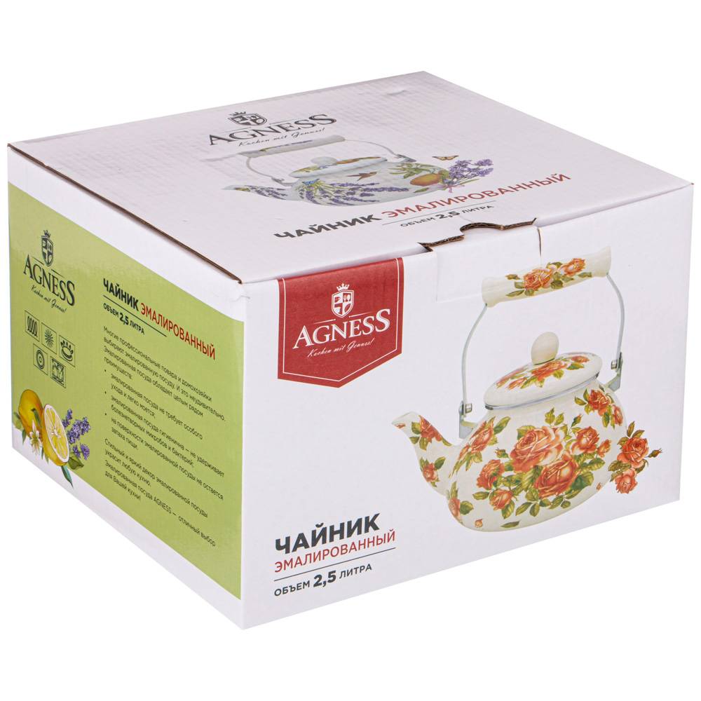 чайник agness эмалированный, 2,5 л, серия корейская роза 934-396