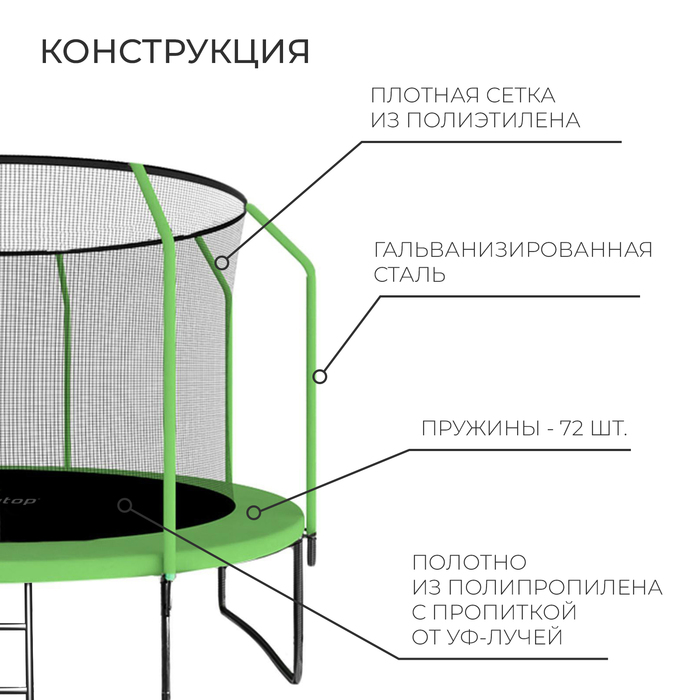 Батут ONLYTOP, диаметр 366 см, высота сетки 173 см, с лестницей, цвет зелёный 5392844