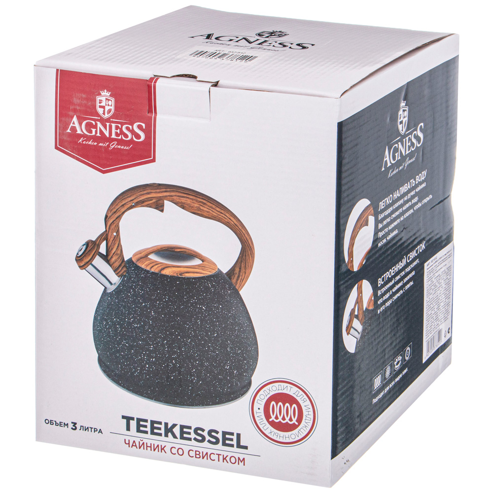 чайник agness со свистком 3,0 л термоаккумулирующее дно, индукция 937-812