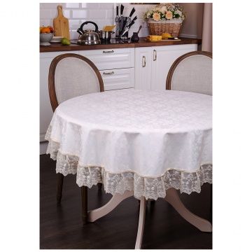 скатерть круглая ричард d 140 см, 100 проц п/э, с кружевом,шампань,жаккард цветы 850-834-03