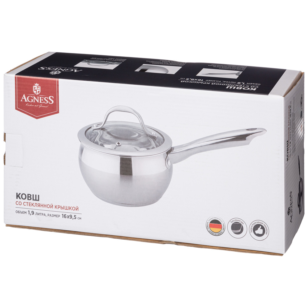 ковш agness со стекл. крышкой серия apple 1,9 л. 16x9.5 см 937-351