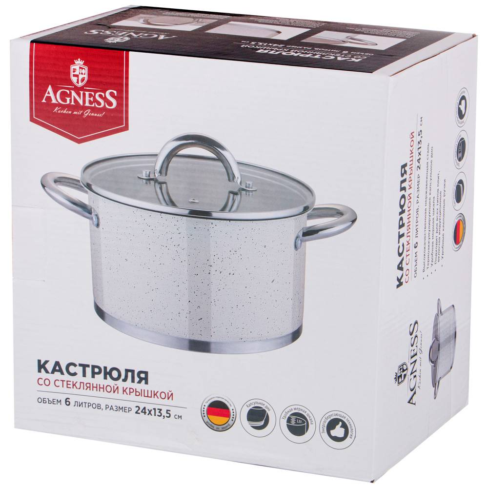 кастрюля agness со стеклянной крышкой, нерж.сталь, серия арктик 6,0л 24х13,5см 937-319