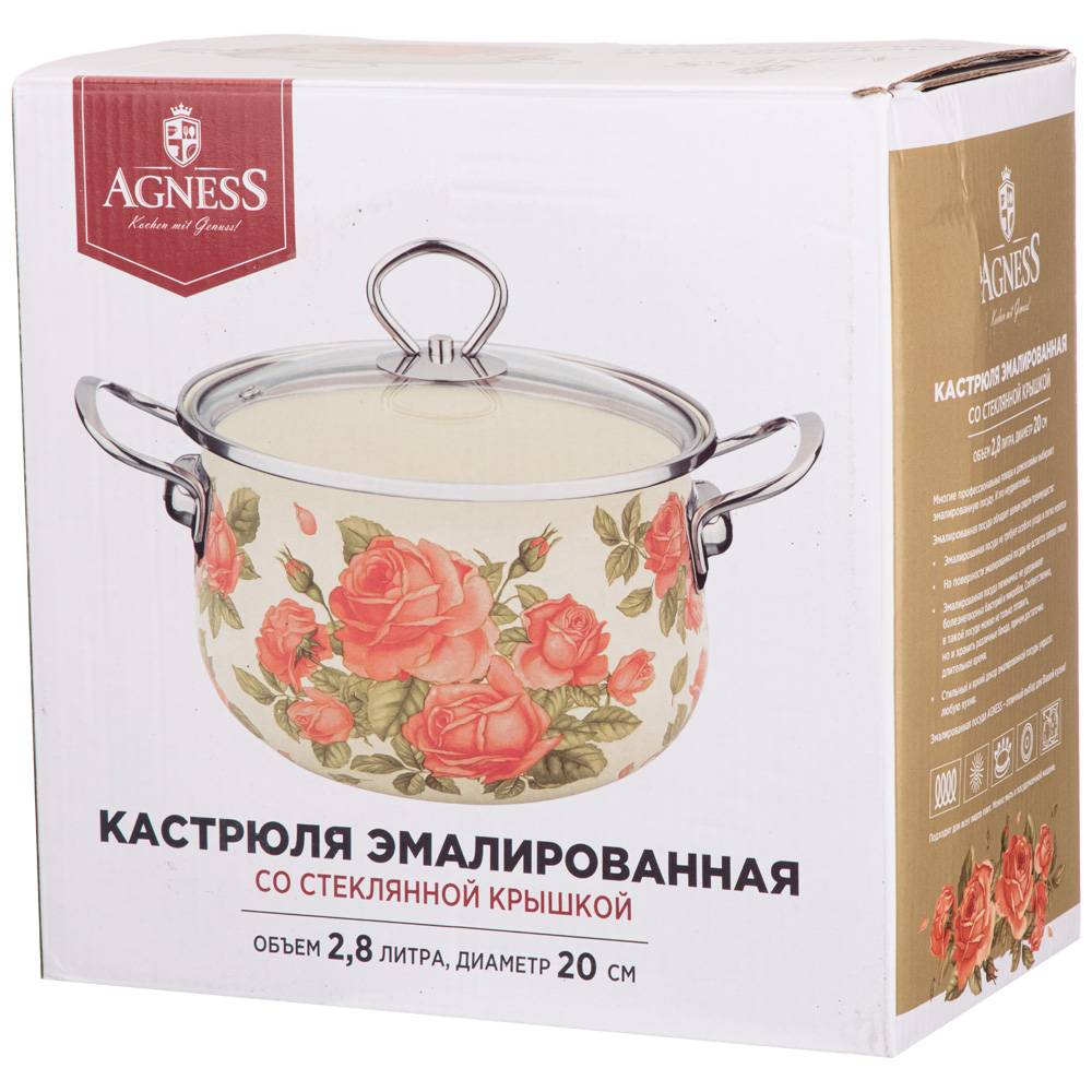 кастрюля эмалированная agness со стеклянной крышкой серия секретные ингредиенты 2.8 л, 20х12 см 915-127