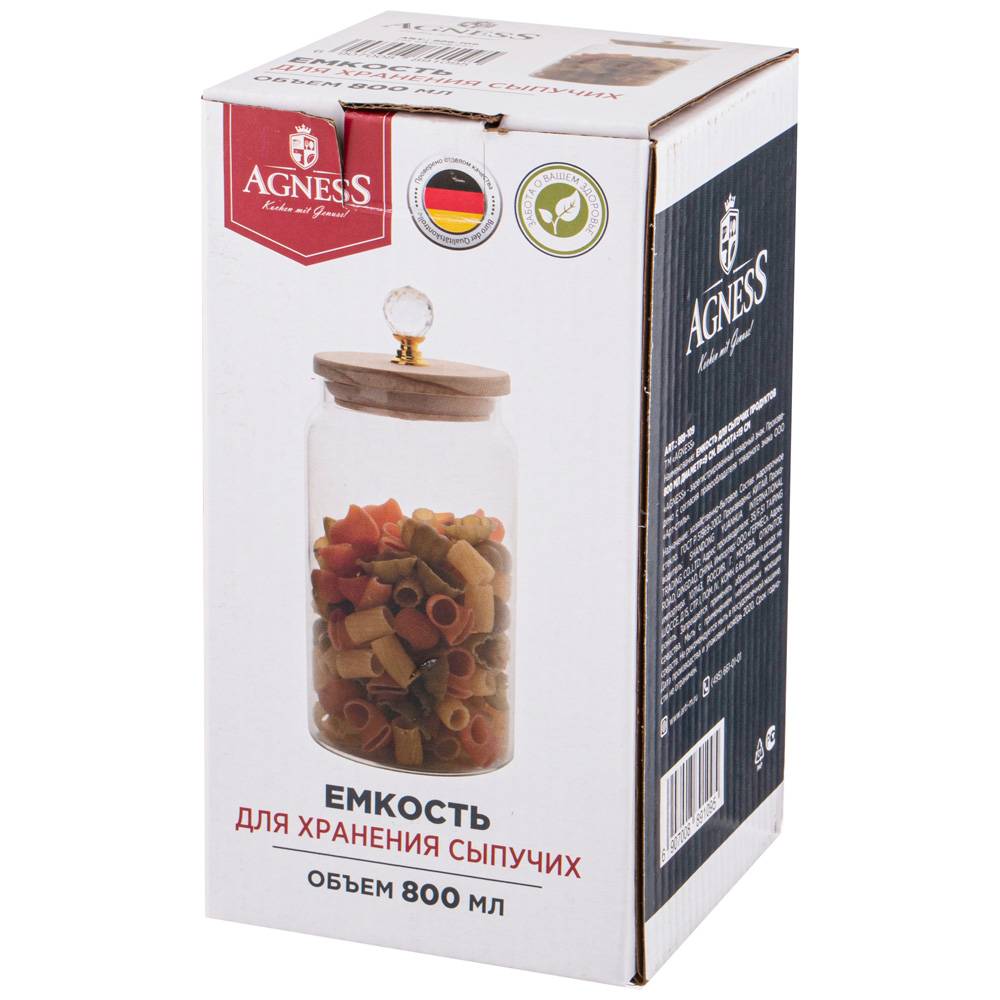 емкость для сыпучих продуктов agness kristall 800 мл диаметр 9 см высота 19 см цвет:прозрачный 889-109