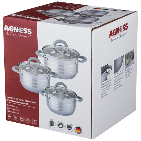 набор кастрюль agness, 6пр.1,9/2,9/3,9 л, нерж.сталь со стекл. крышками, 5-ти слойное дно 937-210