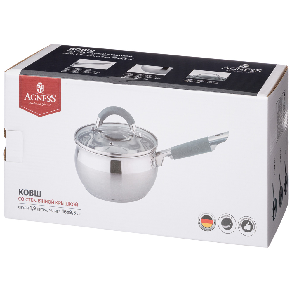 ковш agness со стекл. крышкой серия apple 1,0 л. 14x7.5 см цвет: серый 937-360