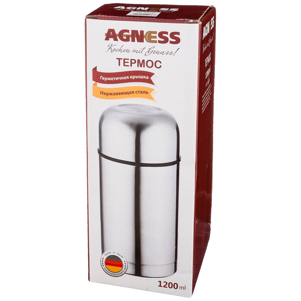 термос agness с широким горлом 1200 мл, колба нерж.сталь 910-036