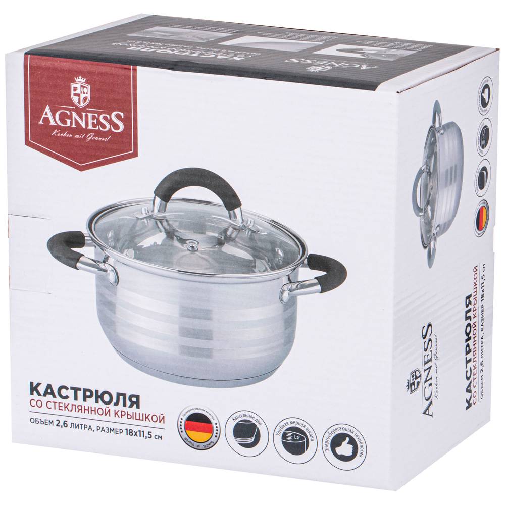 кастрюля agness со стекл. крышкой серия classic 2,6 л. 18х11,5 см 937-431