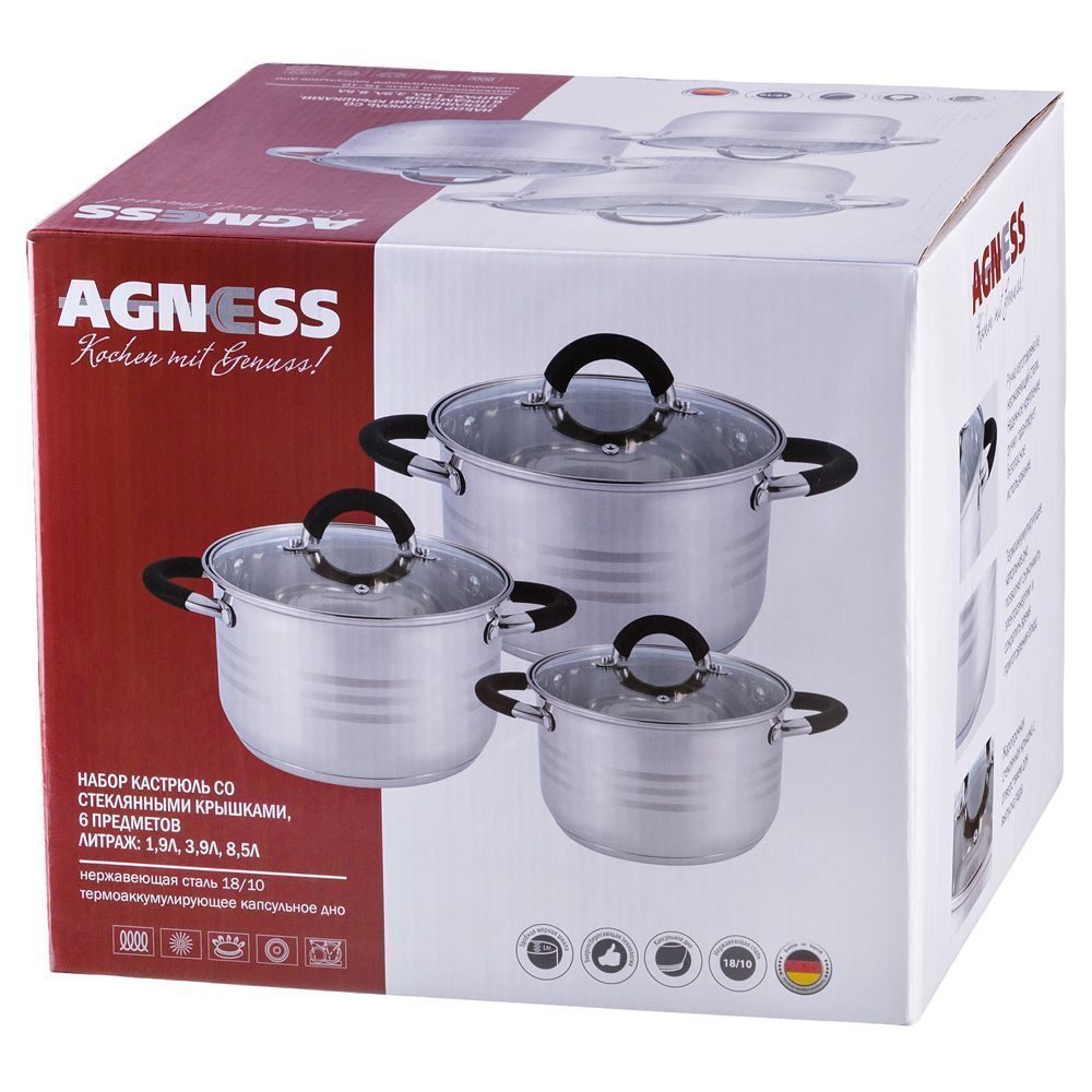 набор кастрюль agness, 6пр.1,9/3,9/8,5 л, нерж.сталь со стекл.крышками, 5-ти слойное дно 937-213