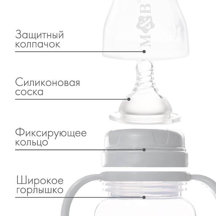 Бутылочка для кормления, широкое горло, с ручками, 150 мл, цвет серый 9871564