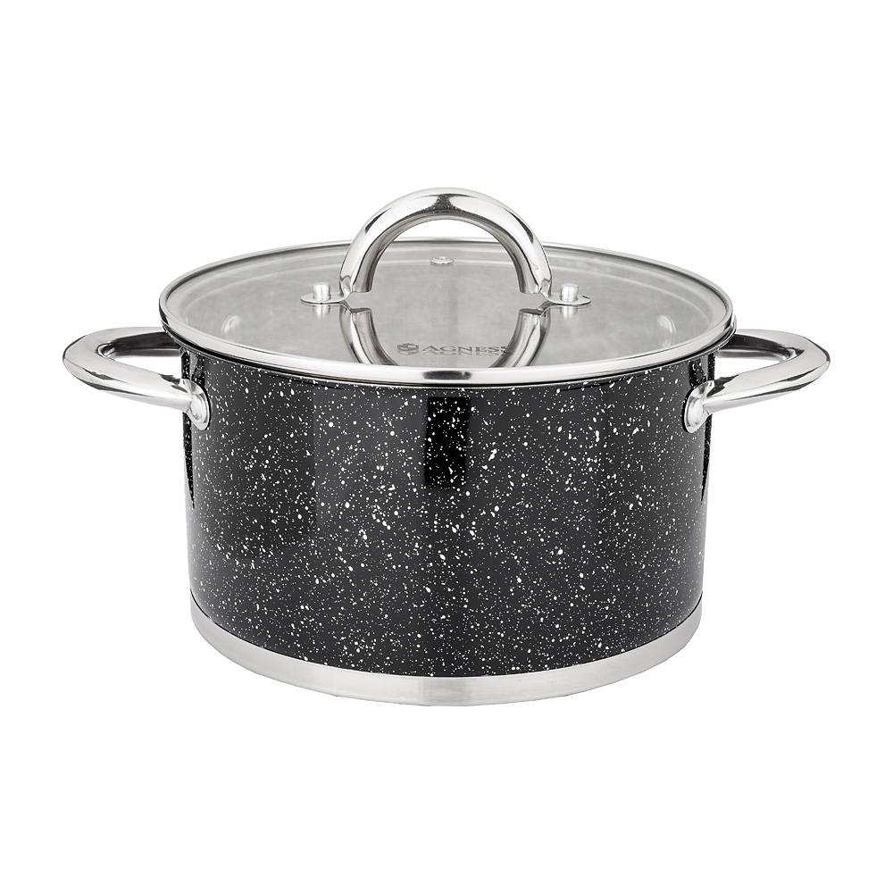 кастрюля agness со стеклянной крышкой, нерж.сталь, серия black marble 3,5л 20х11,5см 937-307