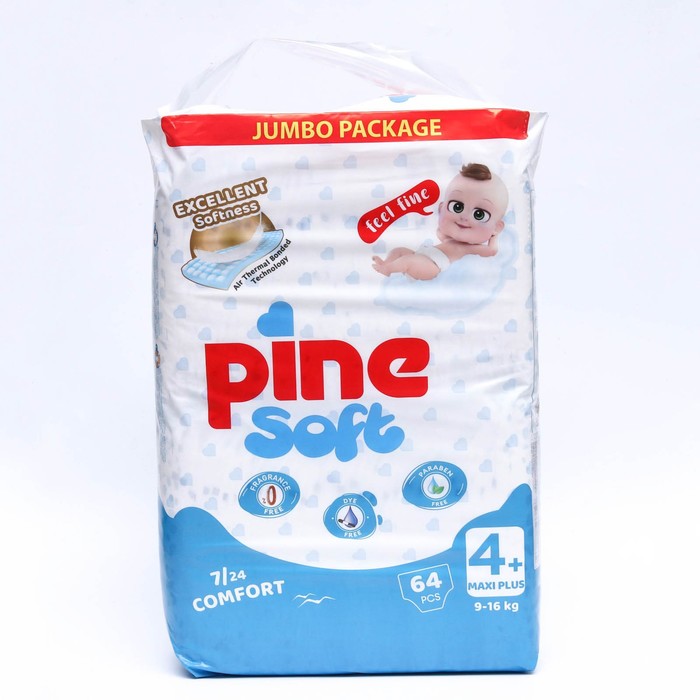 Подгузники детские Pine Soft 4+ Maxi Plus (9-16 kg), 64 шт 9197599