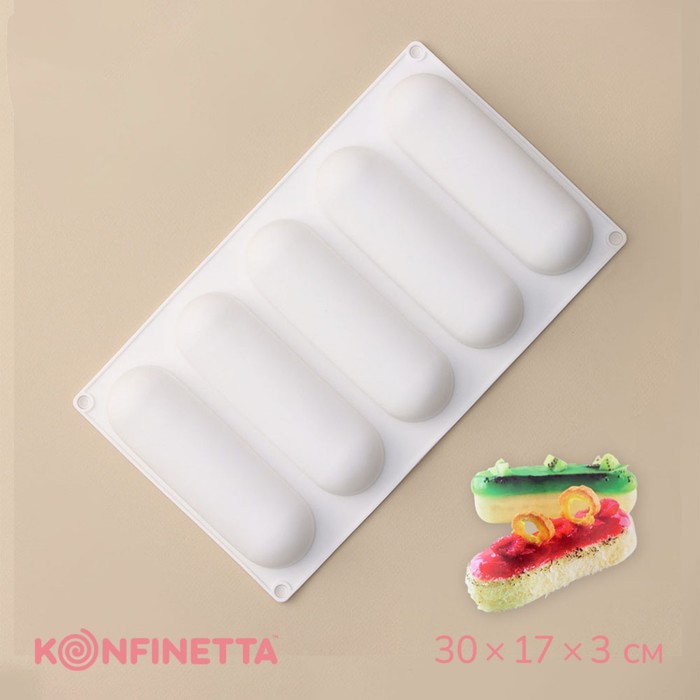 Форма для муссовых десертов и выпечки KONFINETTA «Эклер», 30x17x3 см, 5 ячеек (13,5x3 см), цвет белый 2594957