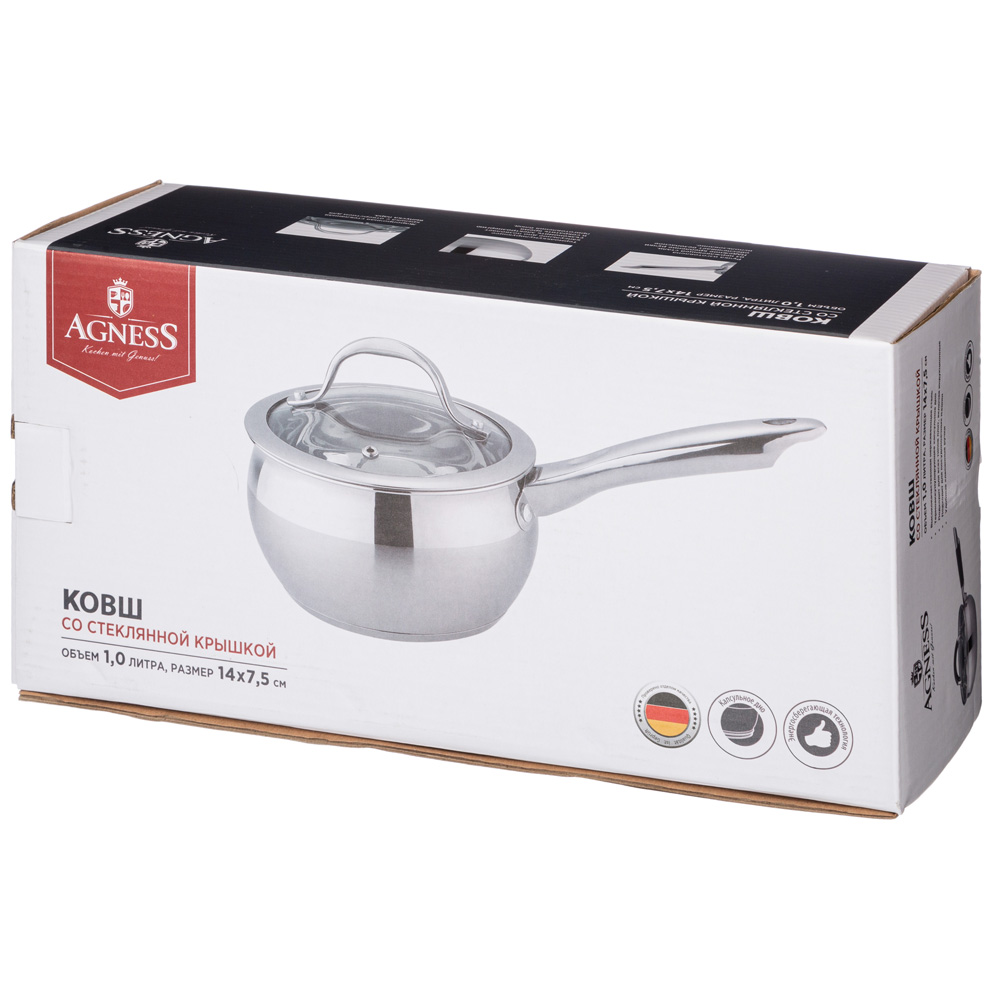 ковш agness со стекл. крышкой серия apple 1,0 л.14x7.5 см 937-350