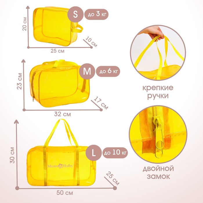 Набор сумок в роддом, 3 шт., цвет прозрачный/желтый, M&B 7599071