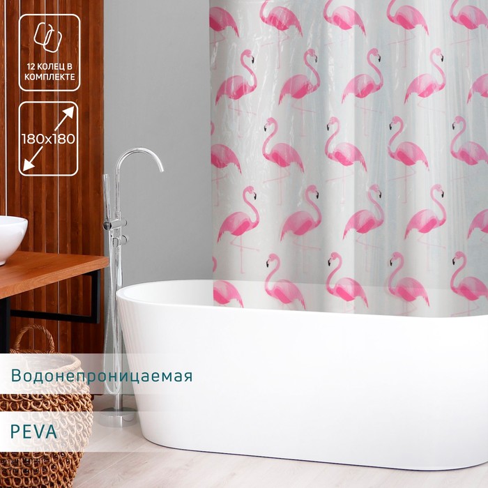 Штора для ванной комнаты SAVANNA «Фламинго», с люверсами, 180?180 см, PEVA 5235790