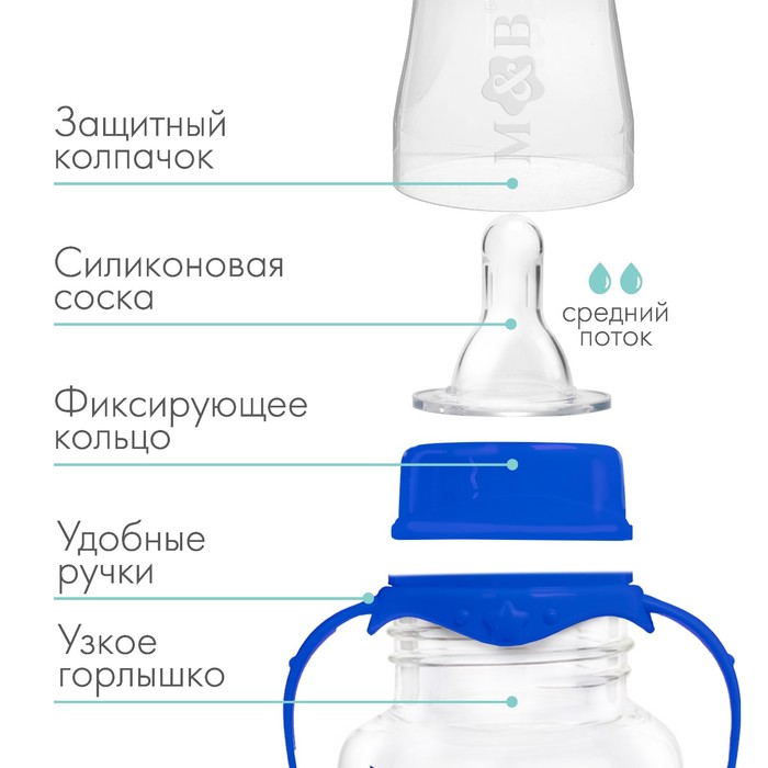 Бутылочка для кормления, классическое горло, 250 мл., от 3 мес., цилиндр, с ручками, цвет МИКС 7012038