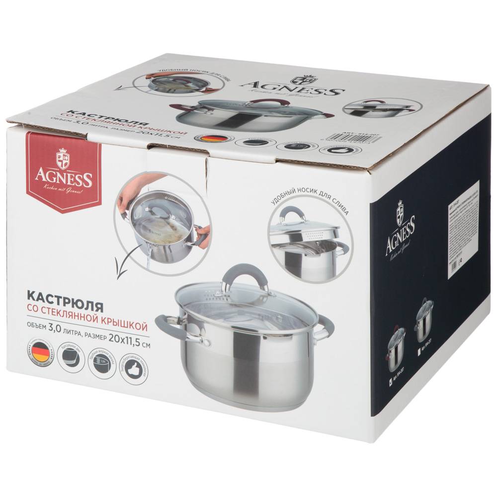 кастрюля agness profi home со стеклянной крышкой, 3,0л 20x11.5 см цвет ручек:серый 914-217