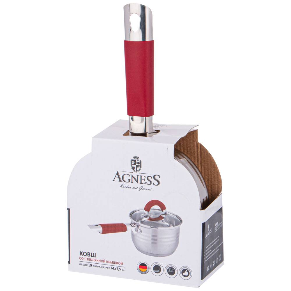 ковш agness со стекл.крышкой серия classic 0,9 л. 14х7,5 см 937-426