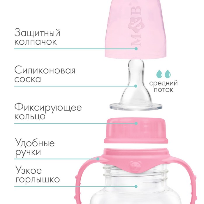 Бутылочка для кормления, классическое горло, приталенная, с ручками, 250 мл., от 3 мес., цвет розовый МИКС 2969719