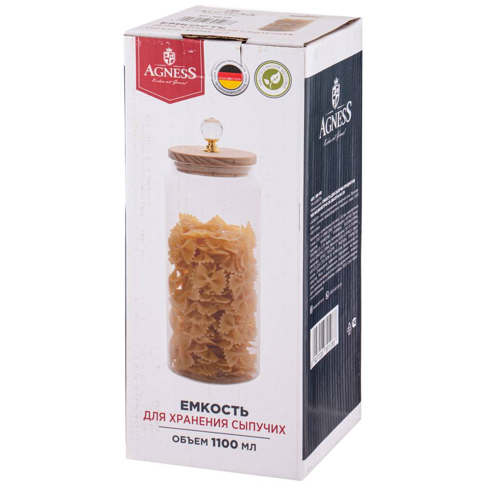 емкость для сыпучих продуктов agness kristall 1100 мл диаметр 9 см высота 24 см цвет:прозрачный 889-108