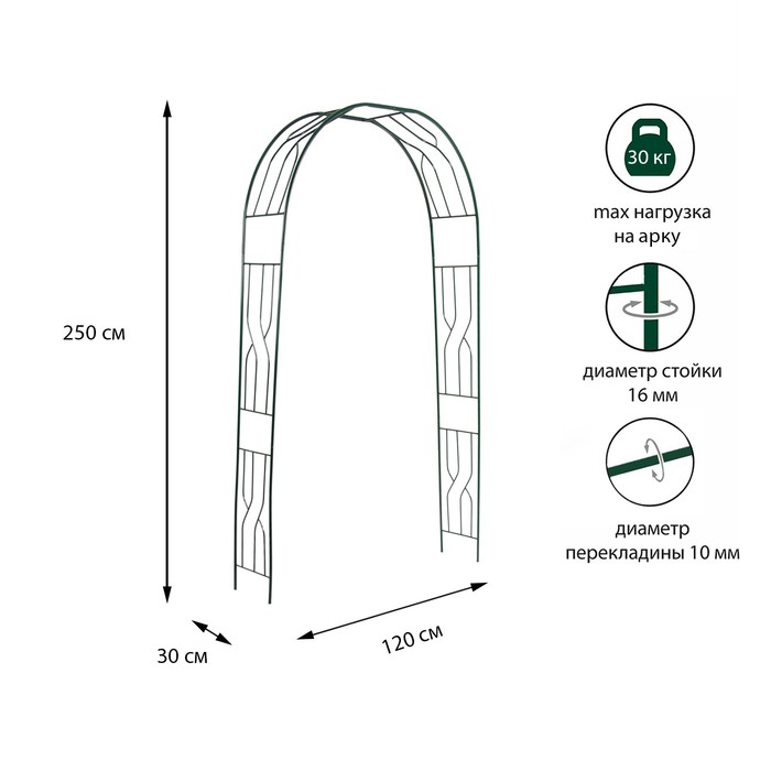 Арка садовая, разборная, 250 ? 120 ? 30 см, металл, зелёная 9442759