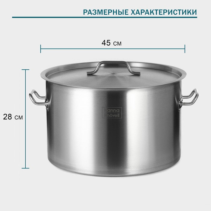 Кастрюля из нержавеющей стали Hanna Kn?vell, 47 л, диаметр 45 см, высота 28 см, толщина 1 мм, дно ТРС, толщина дна 4,6 мм, 201 сталь, металлическая крышка, индукция 9930921