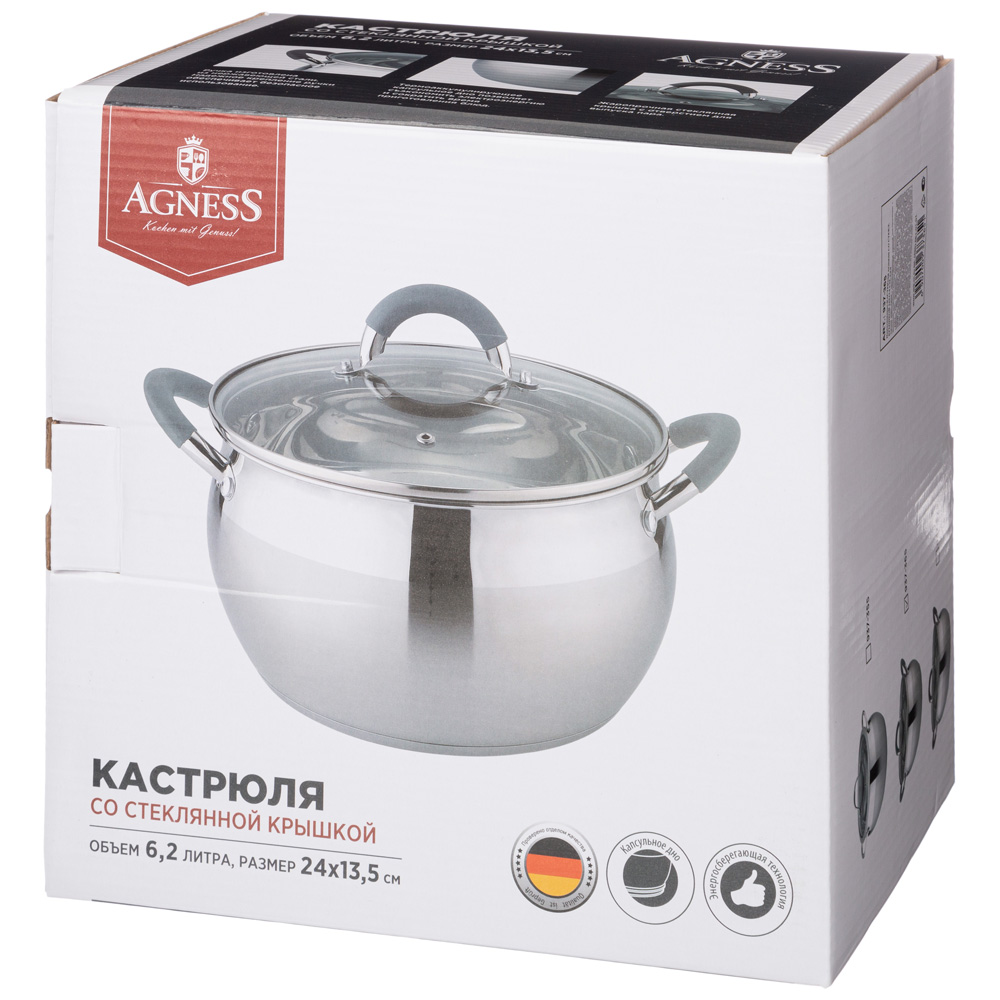 кастрюля agness со стекл. крышкой серия apple 6,2 л. 24x13.5 см цвет: серый 937-365