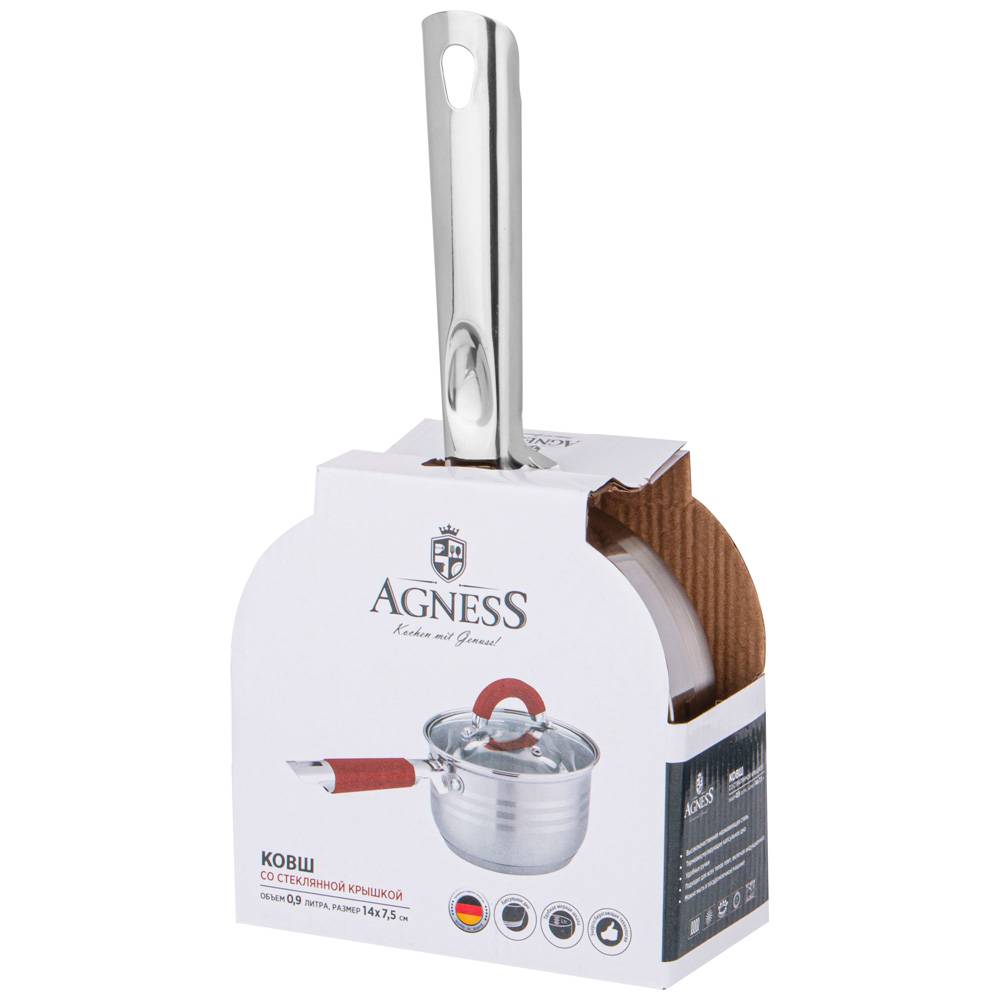 ковш agness со стекл.крышкой серия classic 0,9 л. 14х7,5 см 937-406