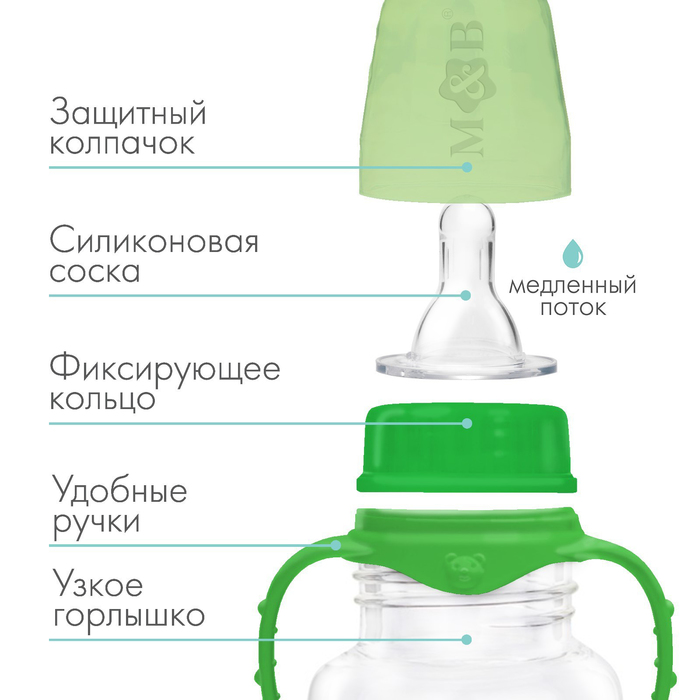 Бутылочка для кормления, классическое горло, приталенная, с ручками, 150 мл., от 0 мес., цвет зелёный 2969764