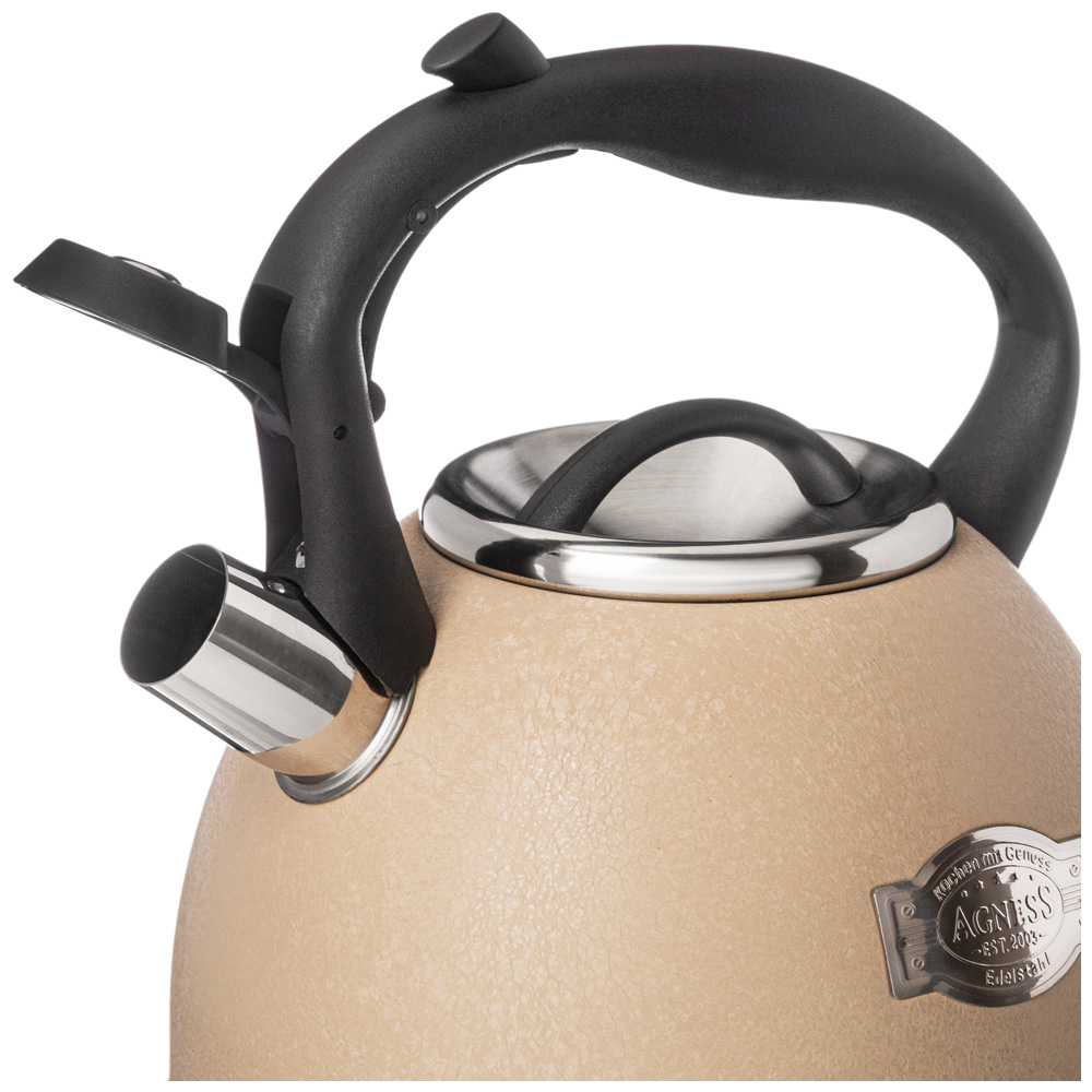 чайник agness со свистком, 2,5л, c шильдиком, beige, индукцион. капсул. дно 907-257