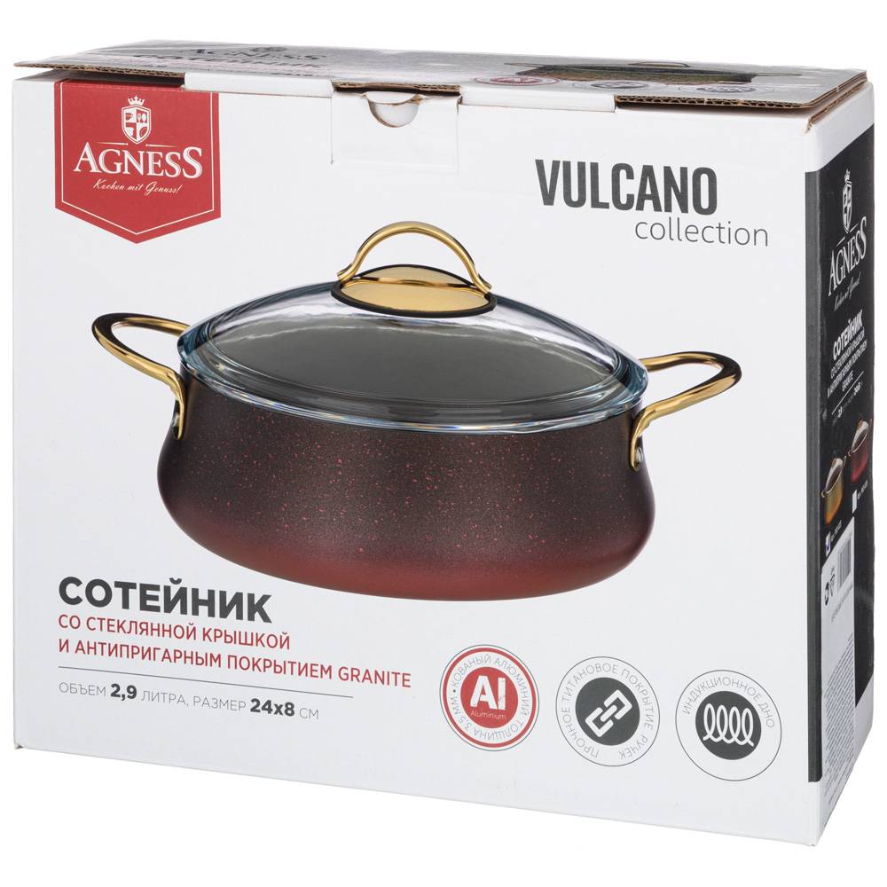 сотейник agness с антипригар. покрытием granite, серия vulcano, 24х8 см, 2,9л, pfoa free 953-028