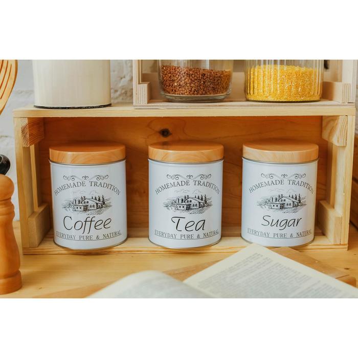 Банки жестяные для хранения сыпучих продуктов Sugar Coffee Tea, 1,2 л, 10,5x14 см, 3 шт, цвет серый 4577793