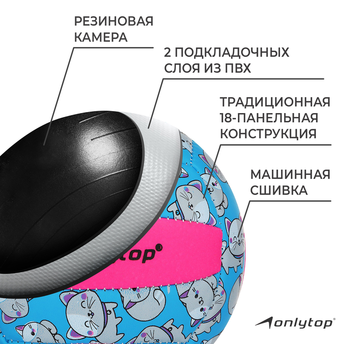 Волейбольный мяч ONLYTOP «Кошечка», машинная сшивка, 18 панелей, р. 2, PVC 4166907