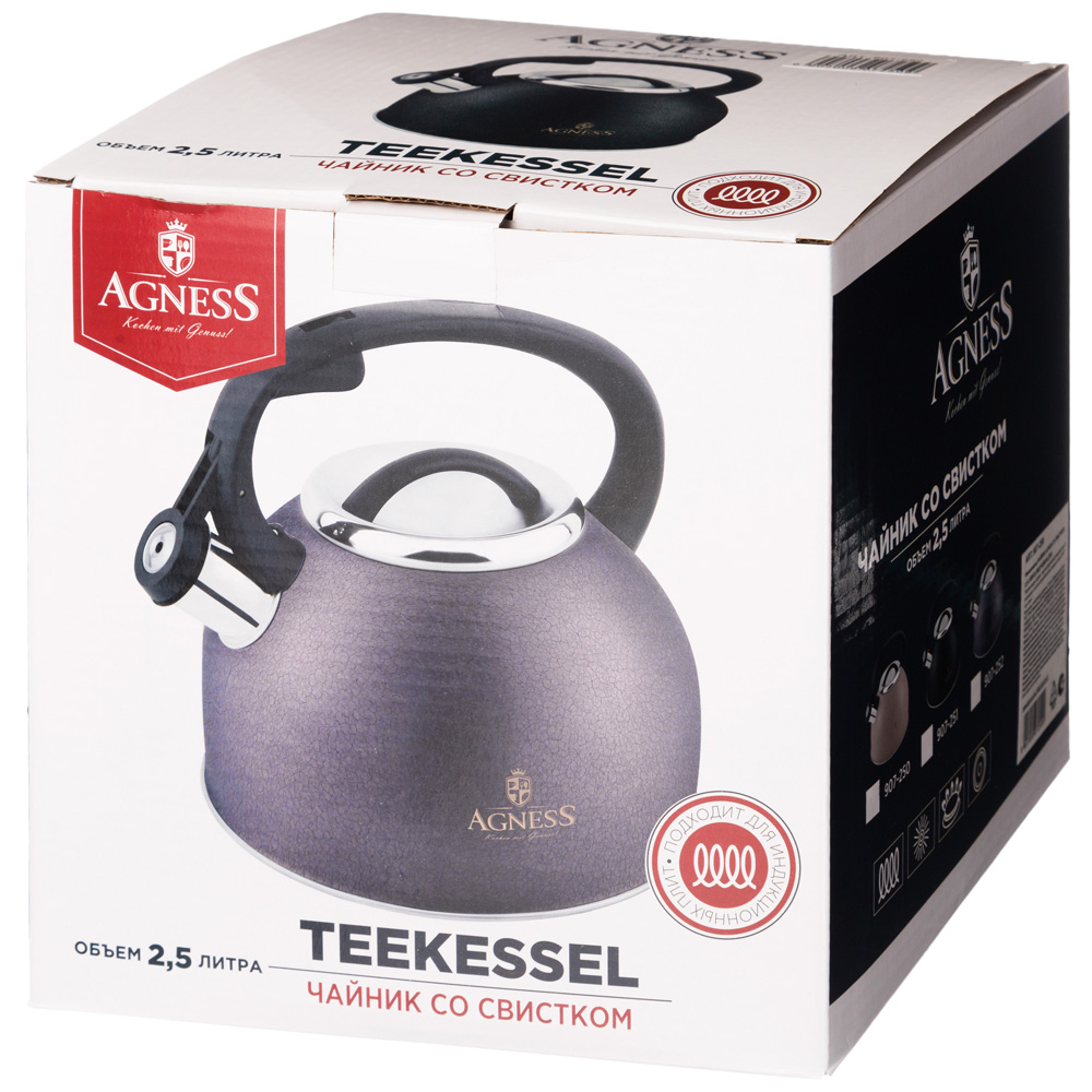 чайник agness со свистком 2,5 л, black, индукцион. дно 907-251