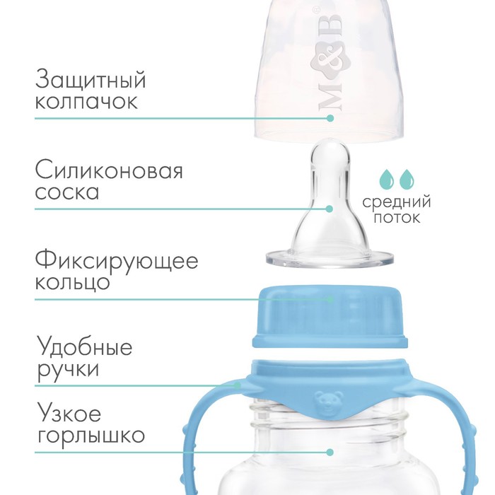 Бутылочка для кормления, классическое горло, с ручками, 250 мл., от 3 мес., цвет голубой МИКС 2969720