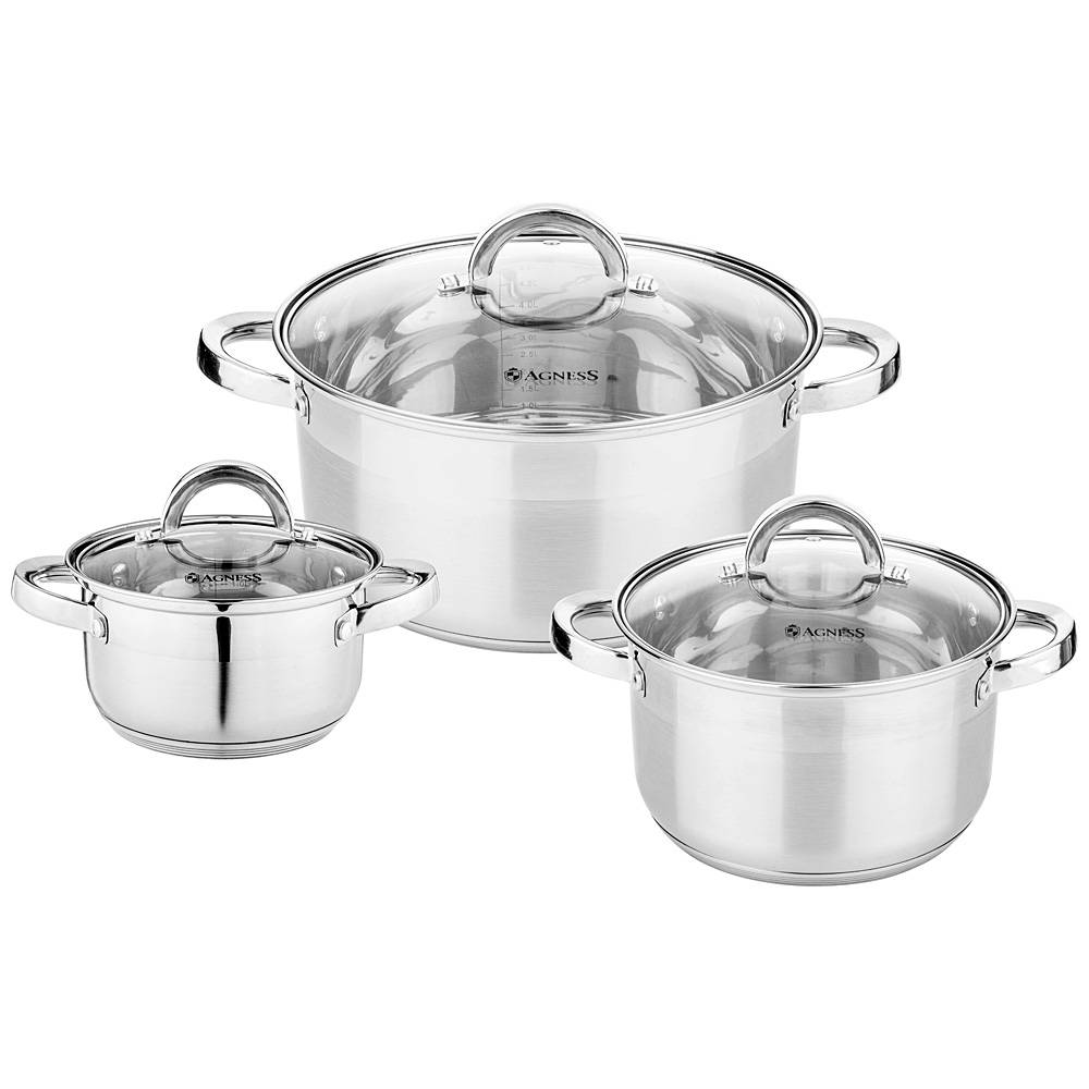 набор кастрюль agness со стекл.крышками 6пр. 1,7/3,5/6,5 л. размер 16x9,5/20x12.5/26x13.5 см 937-506
