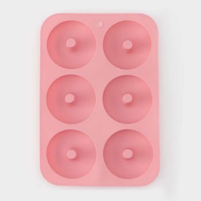 Форма для выпечки Доляна «Пончик», силикон, 26x18x2,5 см, 6 ячеек (диаметр 7,5 см), цвет розовый 10244817